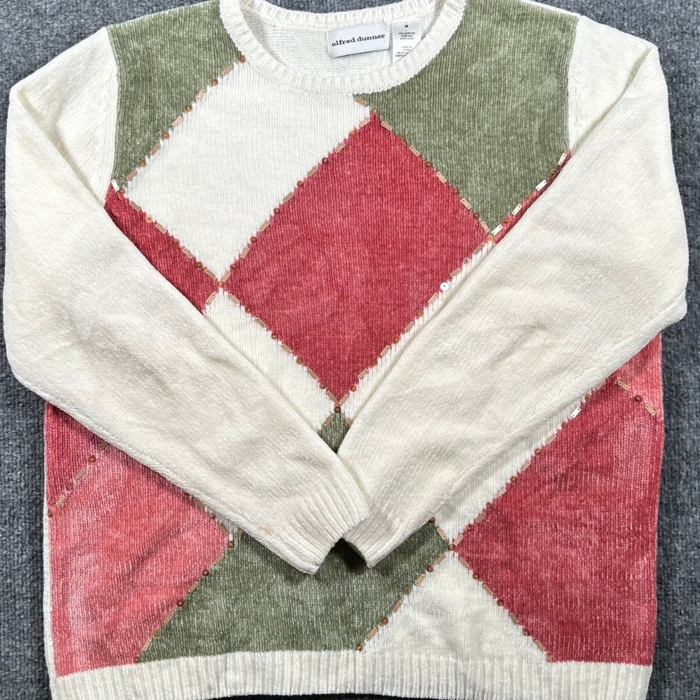Alfred Dunner Sweater Womens Size M Cream Argyle Sequin Beaded Chenille Knit